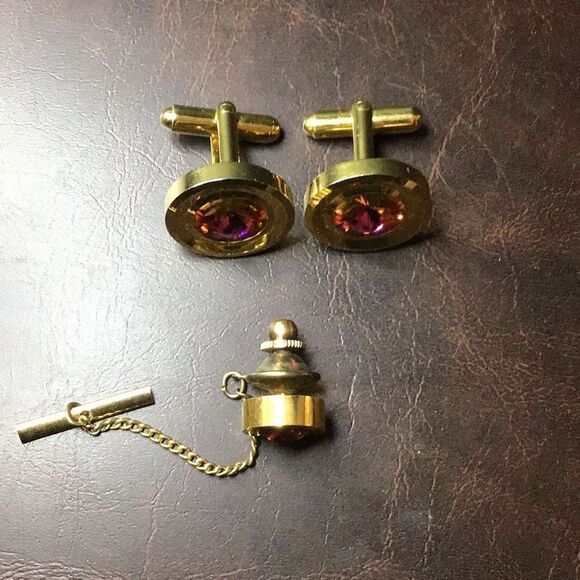 Vintage Cuff links and tie tack gold and hot pink - Picture 4 of 5
